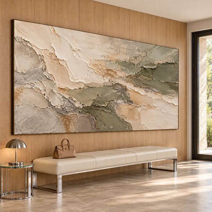 Cream and Olive Hand-Painted 3D Textured Oil Painting, Interlocking Abstract Layers #5NBBMJRS
