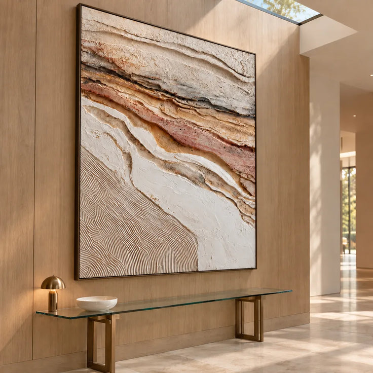 Ivory Tan Hand-Painted 3D Textured Oil Painting, Eroded Layers Wall Art #9RAVTEF6