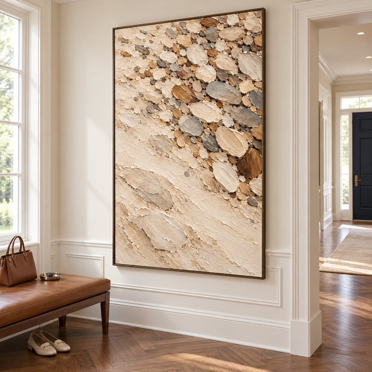 Cream Hand-Painted 3D Textured Oil Painting, Clustered Organic Ovals Abstract Wall Art #KFUV7NA0