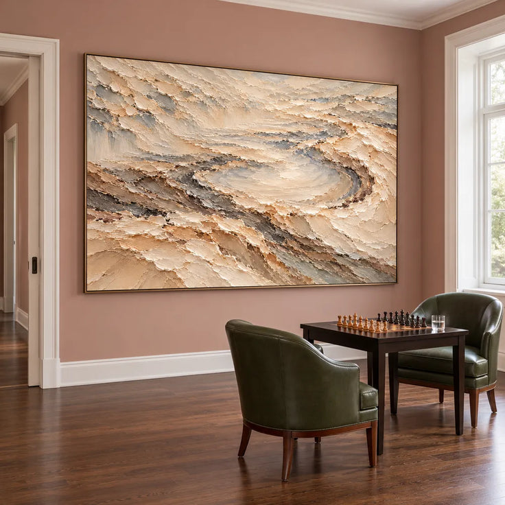 Cream and Taupe Hand-Painted 3D Textured Oil Painting, Terraced Abstract Landscape #RBCLZPS2