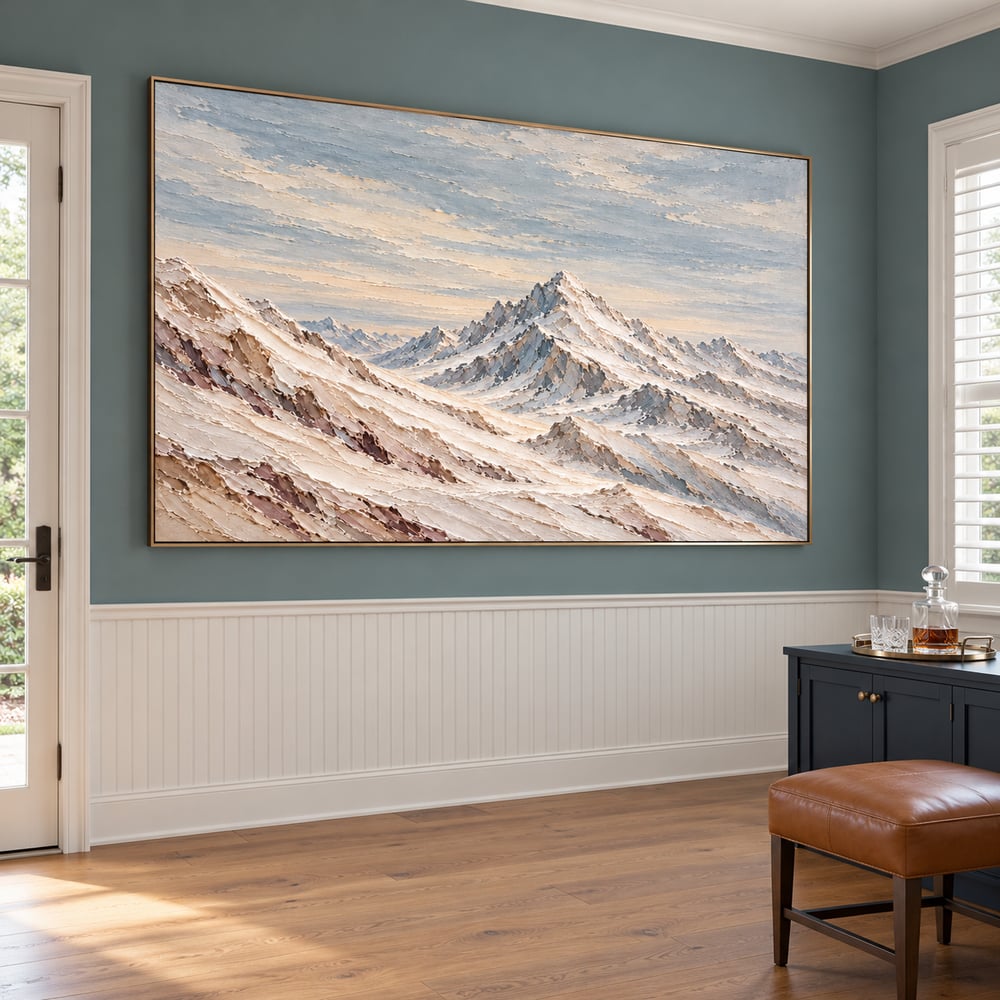 Ivory and Blue-Gray Hand-Painted 3D Textured Oil Painting, Snowy Mountain Peaks #WX7ZWCKG