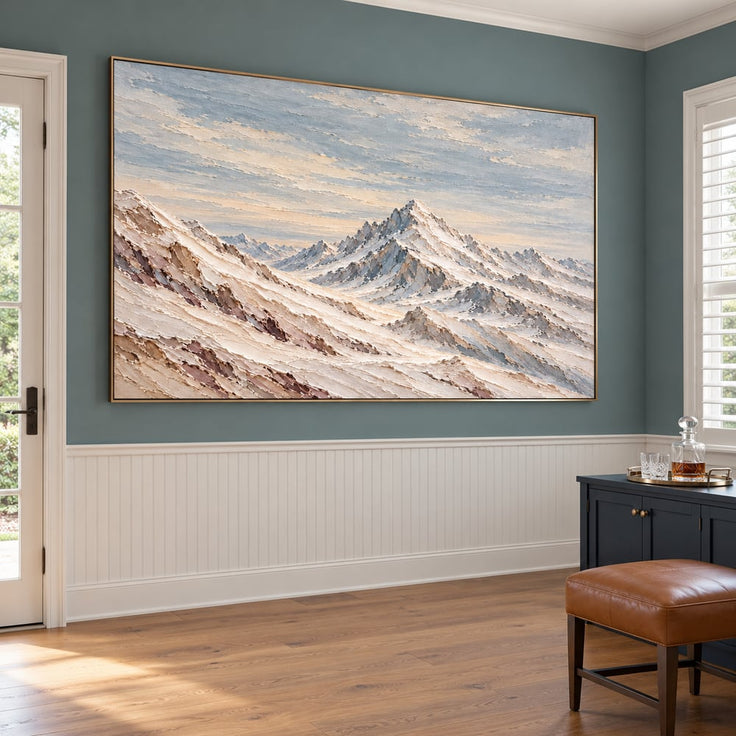 Ivory and Blue-Gray Hand-Painted 3D Textured Oil Painting, Snowy Mountain Peaks #WX7ZWCKG