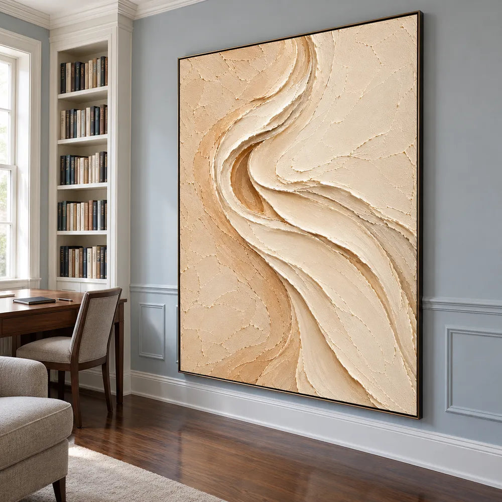 Beige & Cream Hand-Painted 3D Textured Oil Painting, Flowing S-Curve Abstract Wall Art #DD2BSLPJ
