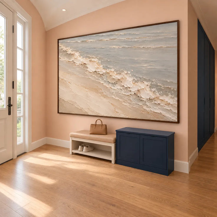 Ivory Gray Hand-Painted Oil Painting, Diagonal Shoreline Wave on a Pale Beach #A63VT0KF