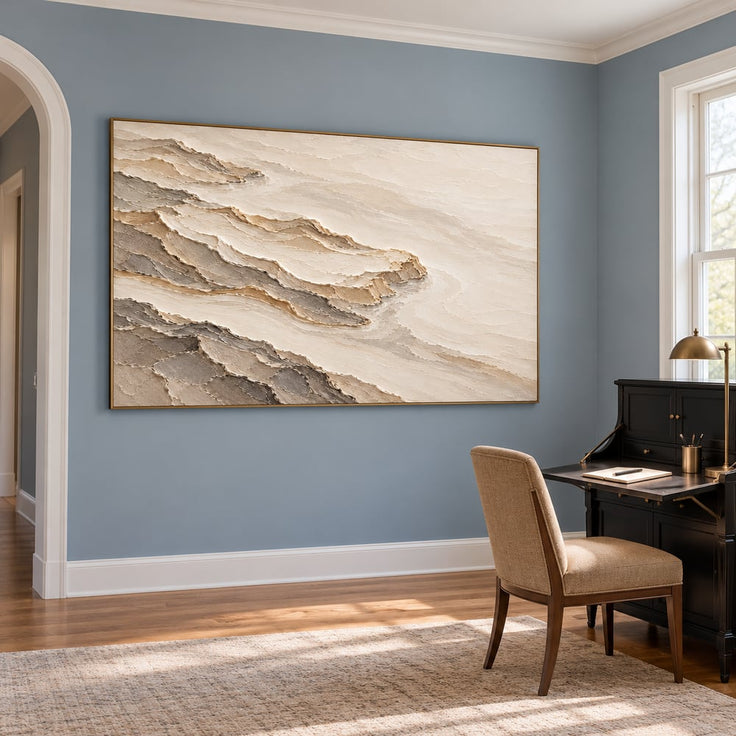 Cream and Taupe Hand-Painted 3D Textured Oil Painting, Terraced Abstract Landscape #HZKDB1K9