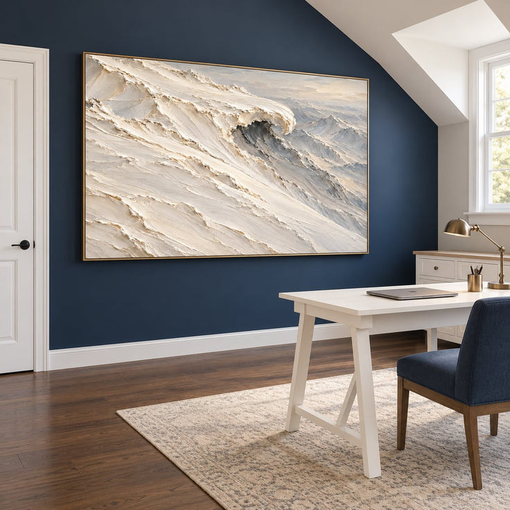 Ivory and Gray Hand-Painted 3D Textured Oil Painting, Curling Ocean Wave #1B9DGWWU