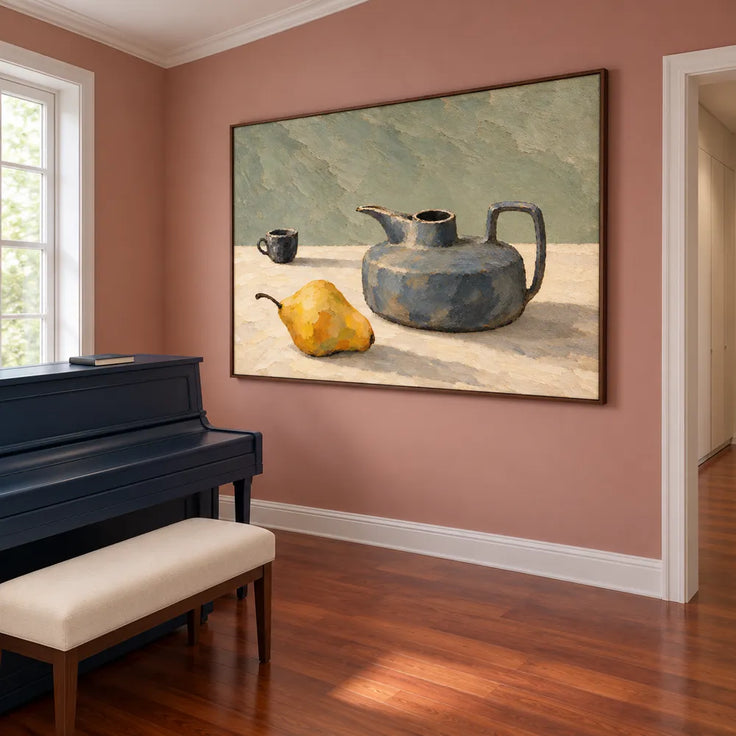 Sage Blue Hand-Painted Oil Painting, Low Jug, Golden Pear and Small Cup Still Life #O7T5XMCM
