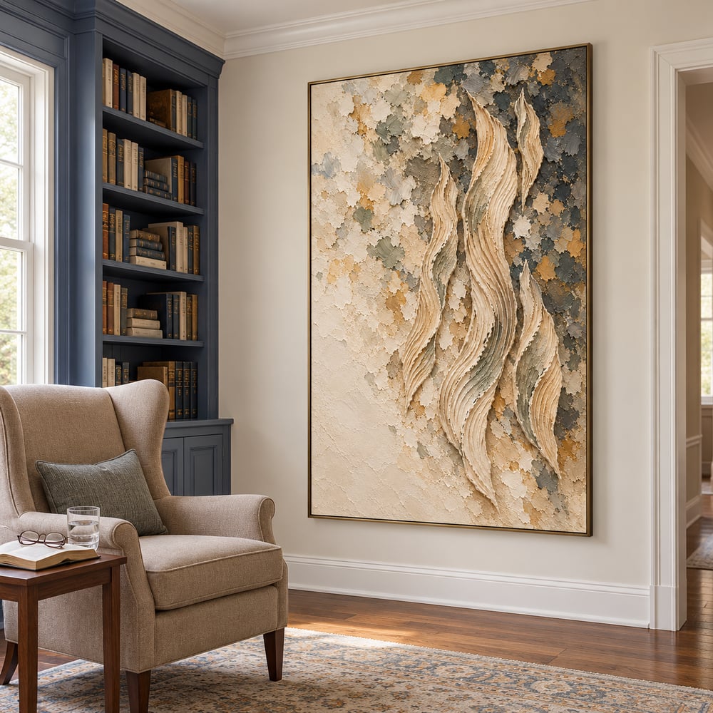 Cream and Gray Hand-Painted 3D Textured Oil Painting, Rising Organic Ribbons #8A15UUOD