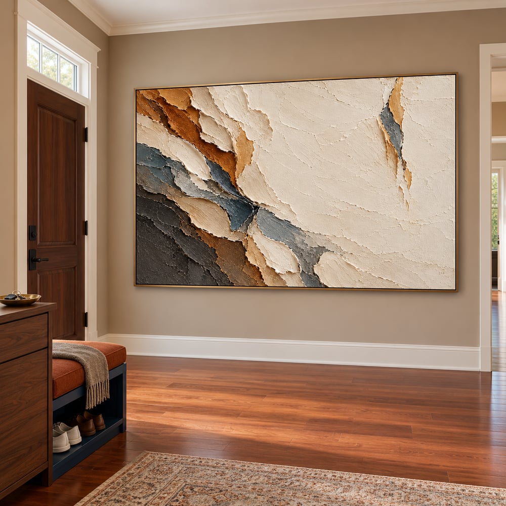 Cream and Charcoal Hand-Painted 3D Textured Oil Painting, Layered Abstract Planes #PZV3FE5N