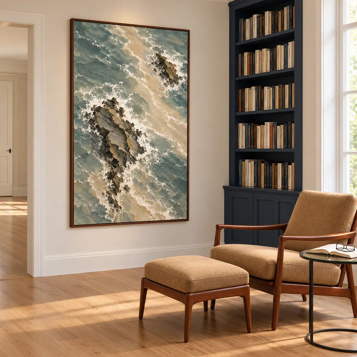 Gray Green Hand-Painted Oil Painting, Overhead View of Rocks and Surf #W3LVFOJR