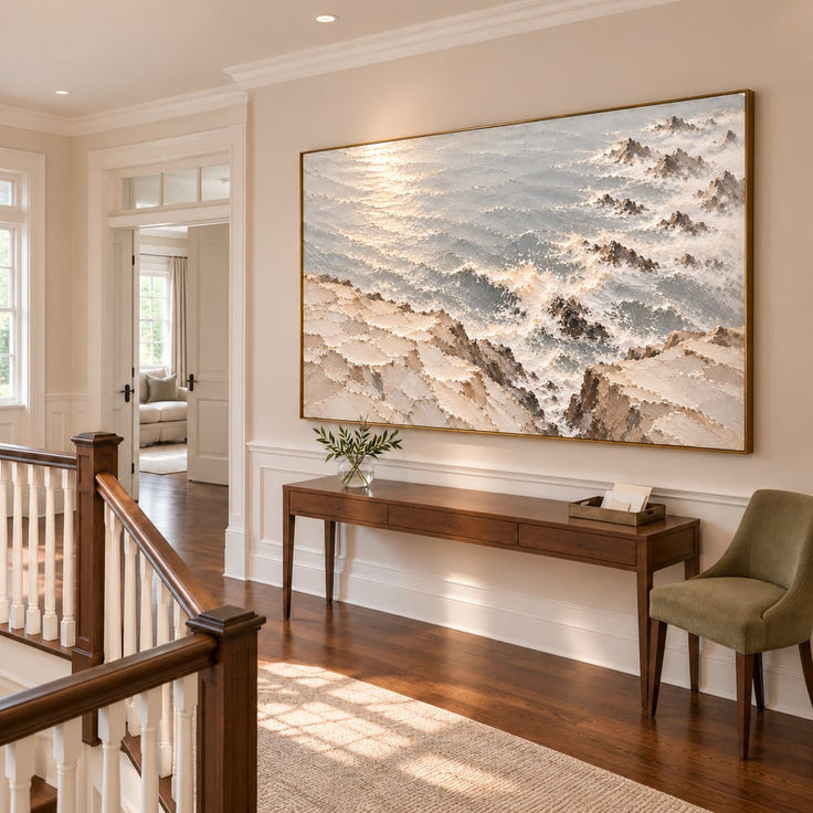 Ivory Gray Hand-Painted 3D Textured Oil Painting, Rocky Seascape Wall Art #3B8T60SA