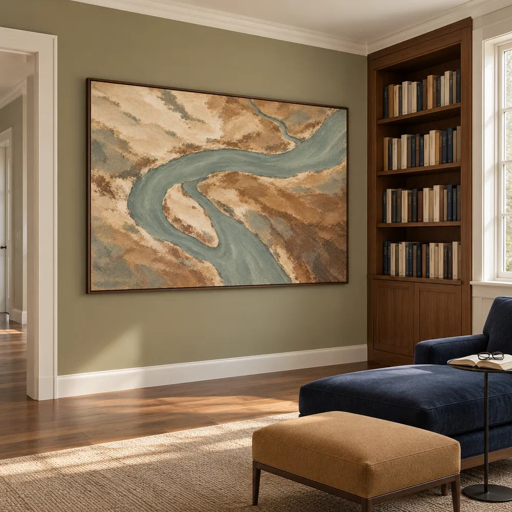 Sand and Sage Hand-Painted Oil Painting, Winding River Viewed from Above #W2T3V88Z