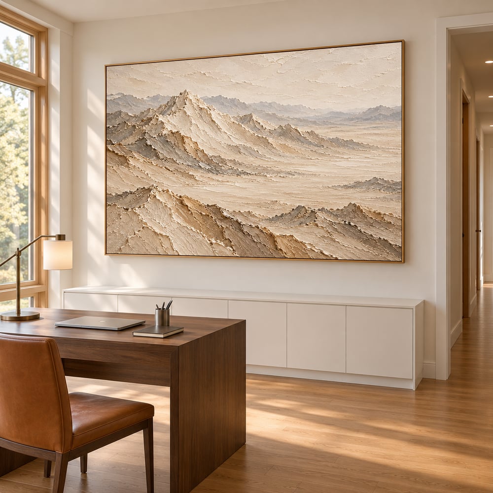 Beige and Cream Hand-Painted 3D Textured Oil Painting, Mountain Valley Landscape #63OLCVHT