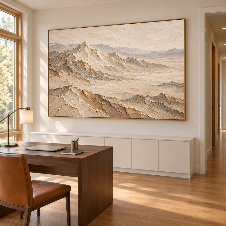 Beige and Cream Hand-Painted 3D Textured Oil Painting, Mountain Valley Landscape #63OLCVHT