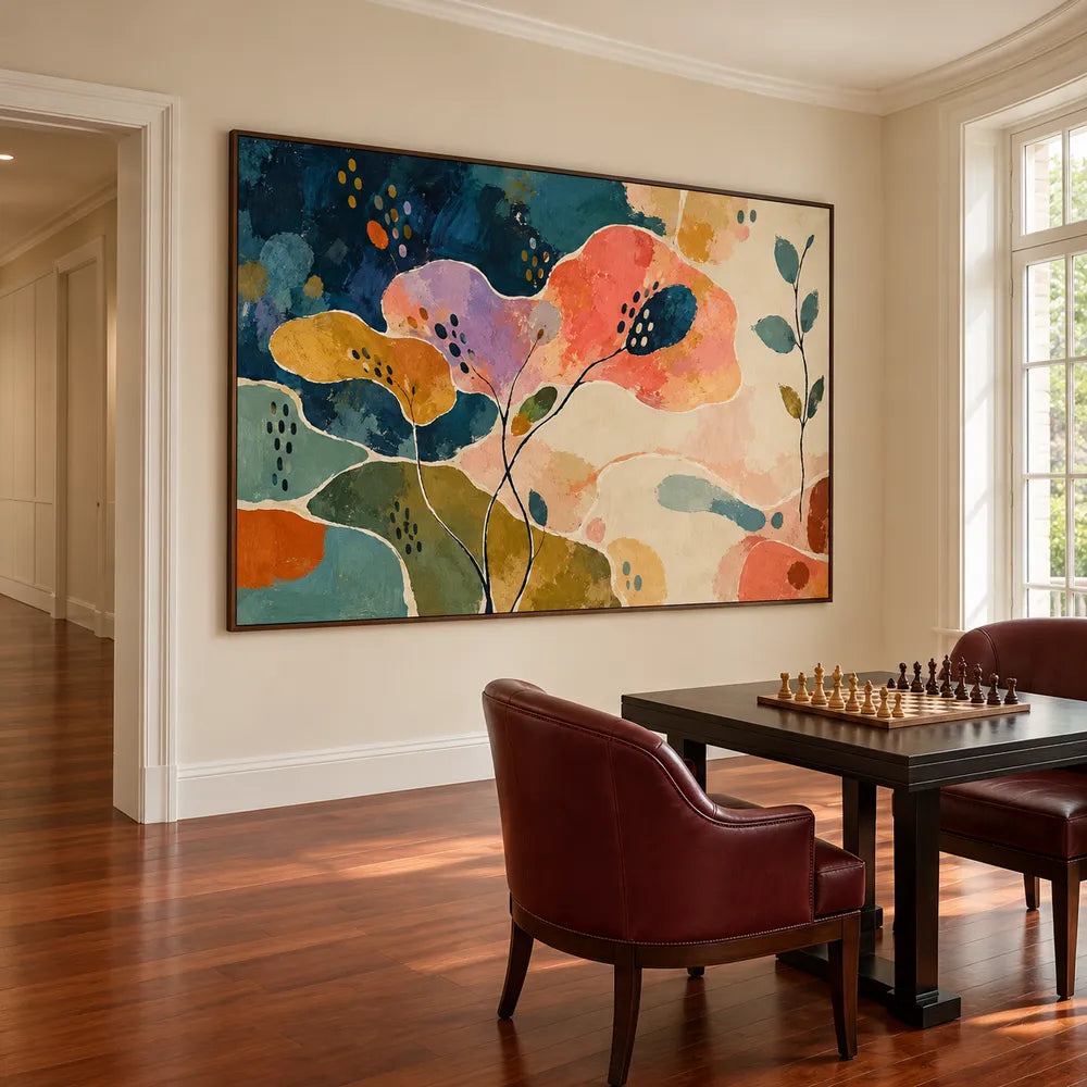 Multicolor Hand-Painted Oil Painting, Coral and Lilac Botanical Abstract with Fine Stems #T9RL2OLH