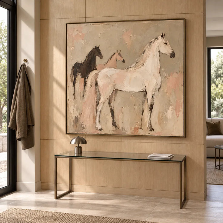 Beige & Cream Hand-Painted Oil Painting, Three Horses in a Modern Equestrian Composition #HIPLCPC8