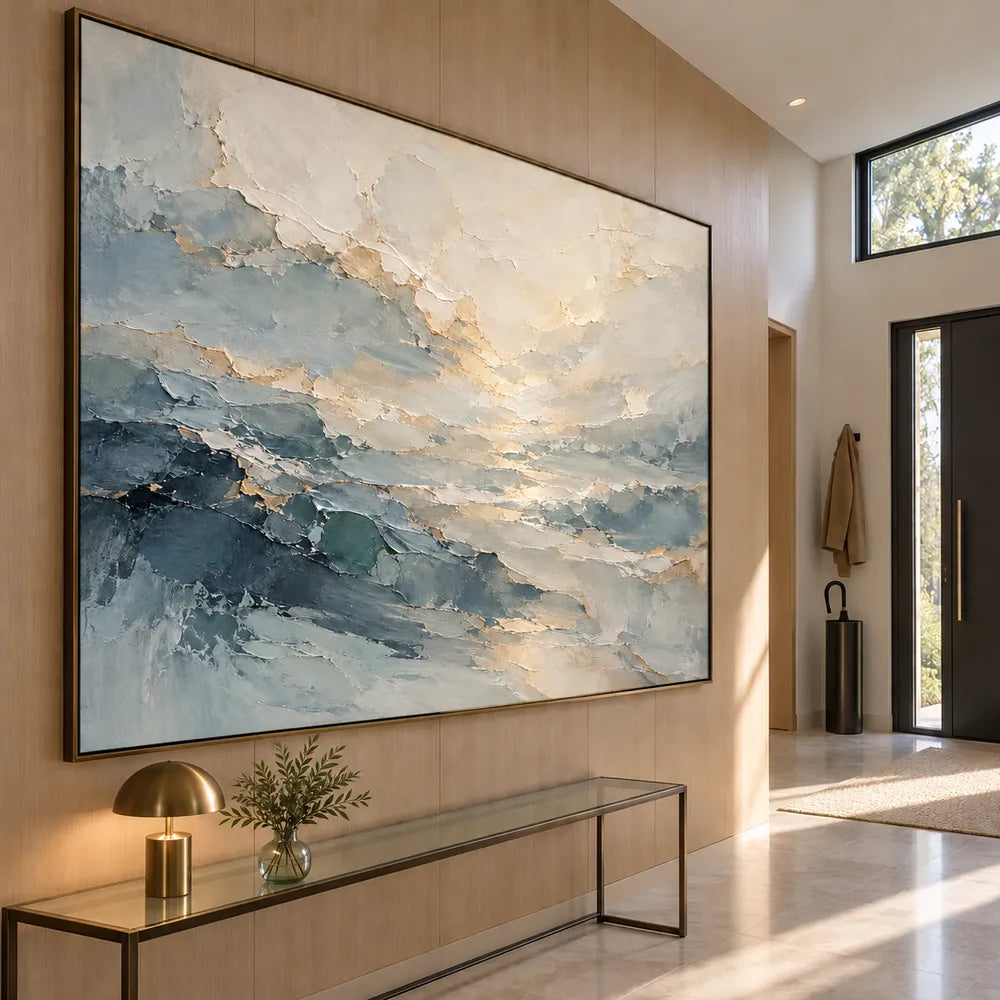 Blue Gray & Ivory Hand-Painted Oil Painting, Abstract Layered Landscape #XI8BIQFA