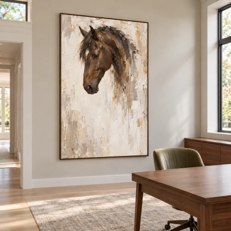 Cream & Brown Hand-Painted Oil Painting, Contemporary Horse Portrait #FOQD7D36