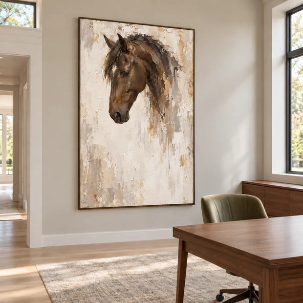 Cream & Brown Hand-Painted Oil Painting, Contemporary Horse Portrait #FOQD7D36