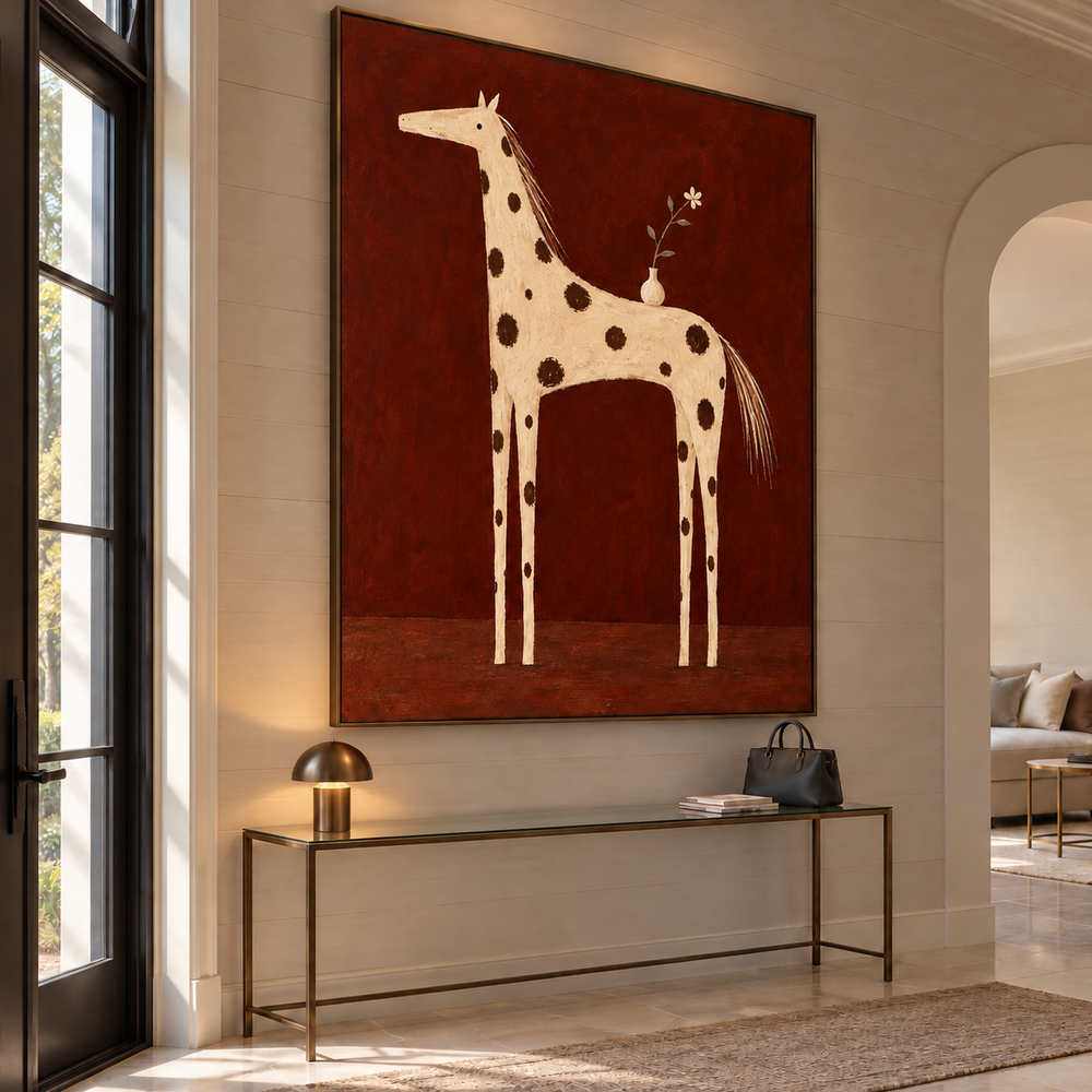 Rust Brown Hand-Painted Oil Painting, Spotted Horse with Flower Vase #N7RLL432