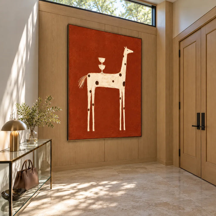 Burnt Orange Hand-Painted Oil Painting, Spotted Horse with Stacked Goblets #ISDV5ZX3