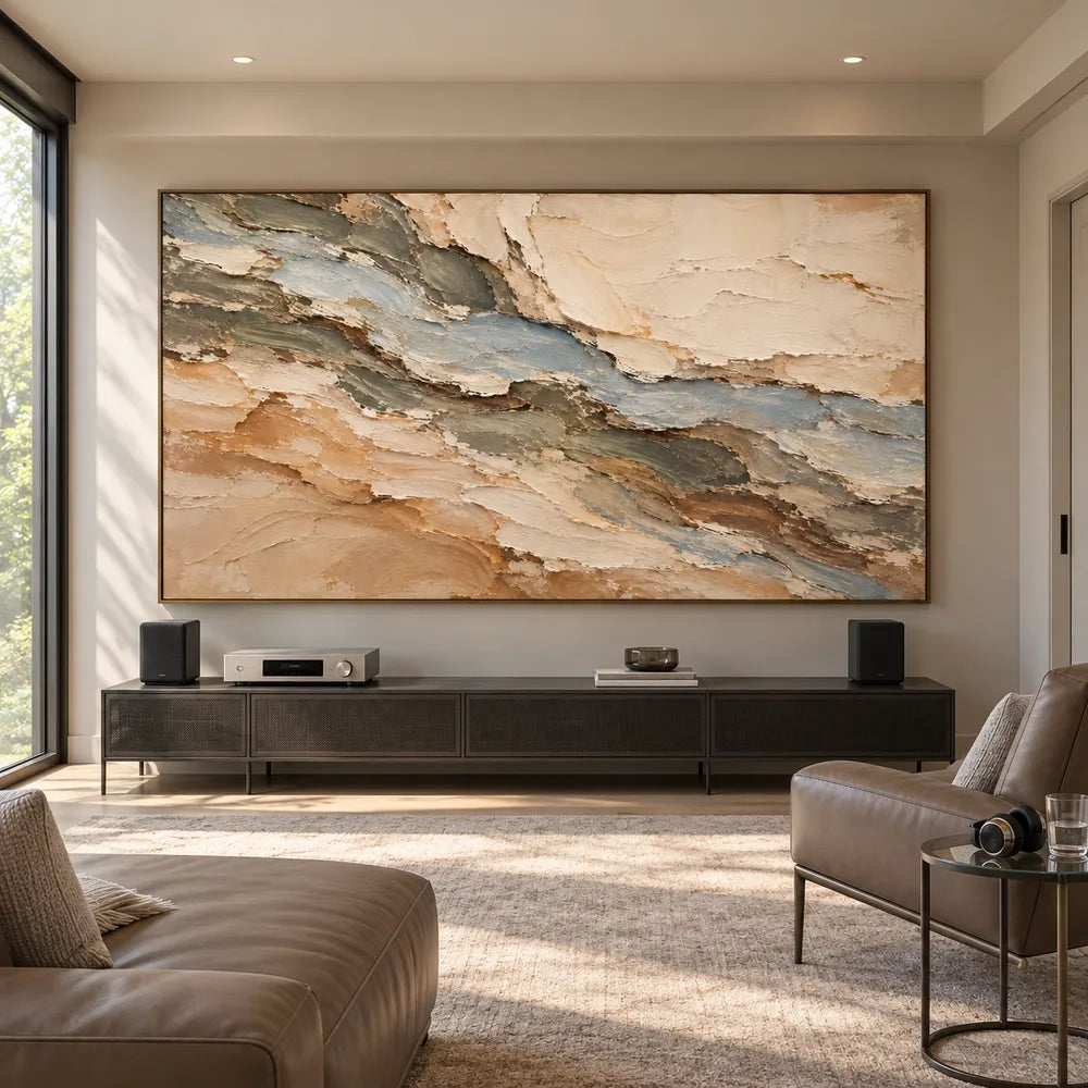Beige Hand-Painted 3D Textured Oil Painting, Blue-Gray Diagonal Layers #S9SBK2RJ