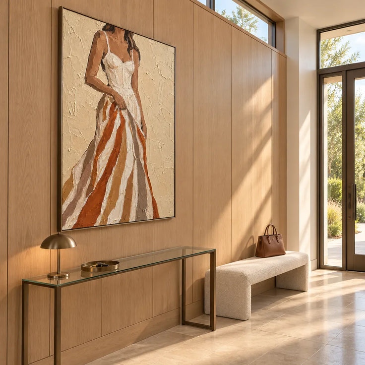 Beige & Rust Hand-Painted Oil Painting, Woman in a Flowing Dress #LMRN0GND