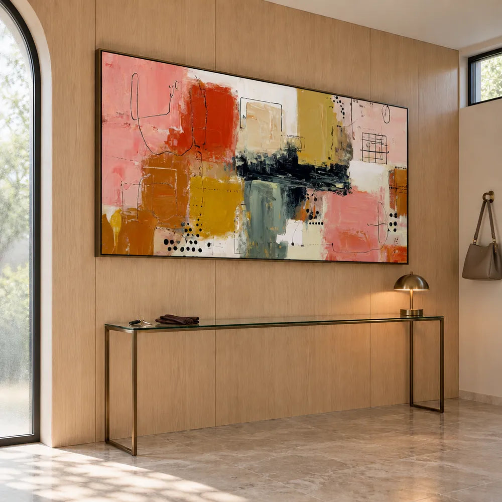 Pink and Ochre Hand-Painted Oil Painting, Graphic Color Block Abstract #7V43Y2LW