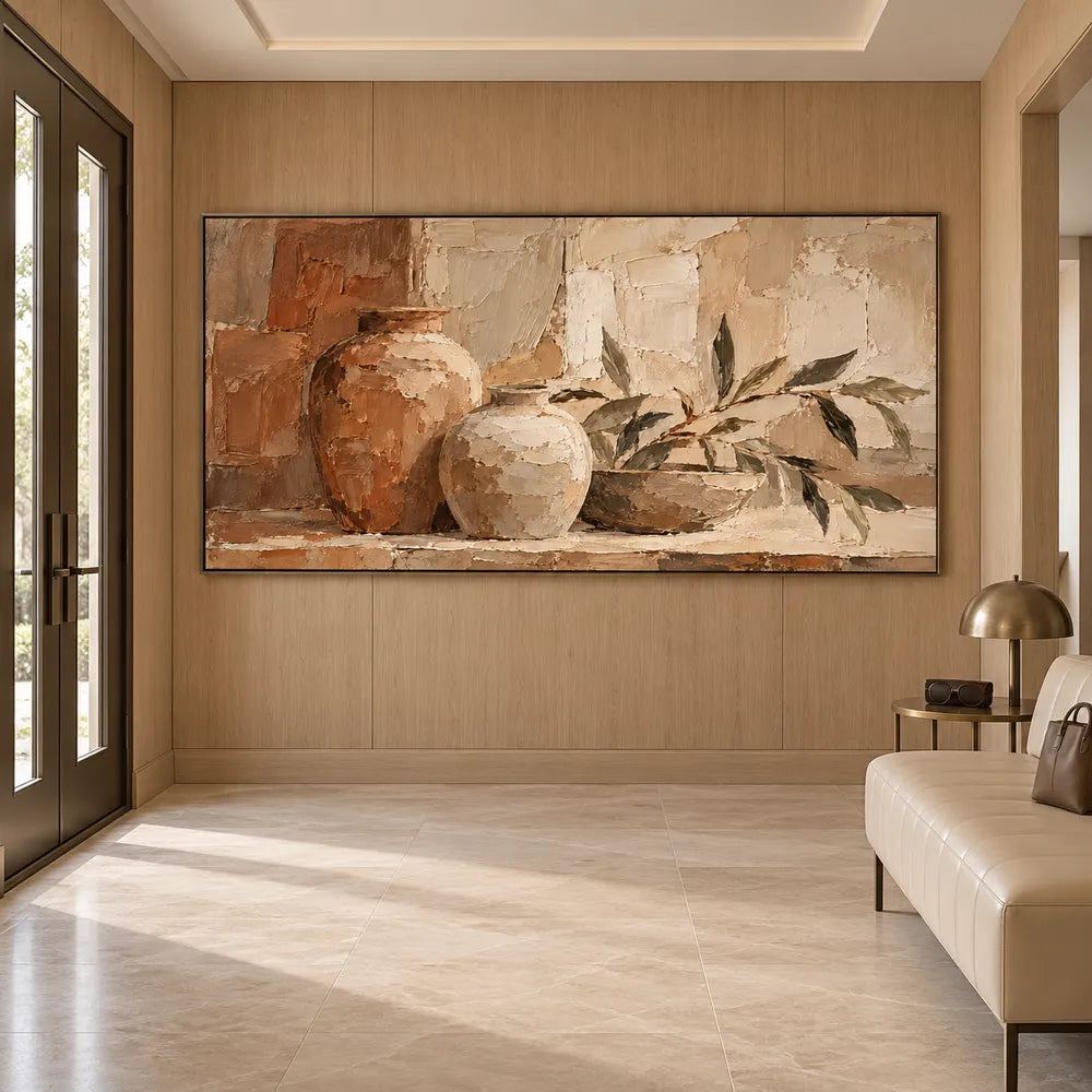Earth-Tone Hand-Painted Oil Painting, Vases and Leafy Branches #165D1DHX