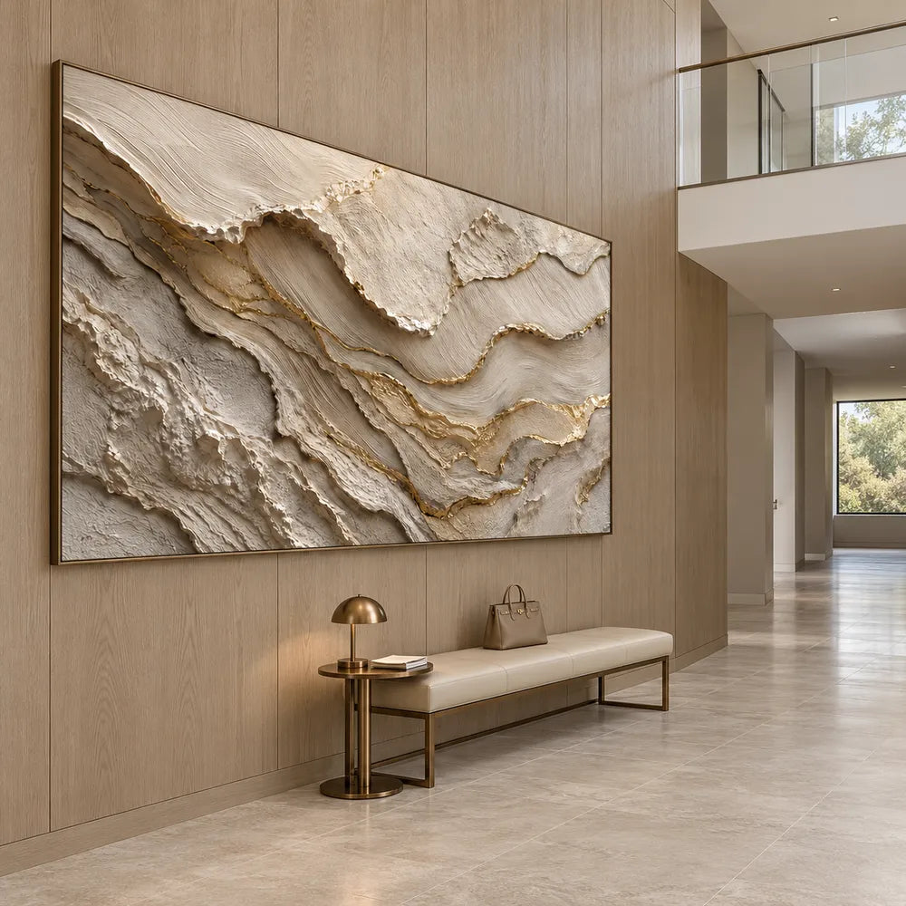 Ivory and Taupe Hand-Painted 3D Textured Oil Painting, Wavy Layer Abstract #QF2DVOSX