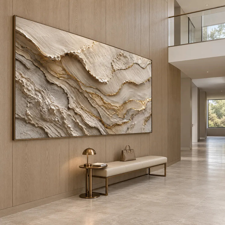 Ivory and Taupe Hand-Painted 3D Textured Oil Painting, Wavy Layer Abstract #QF2DVOSX