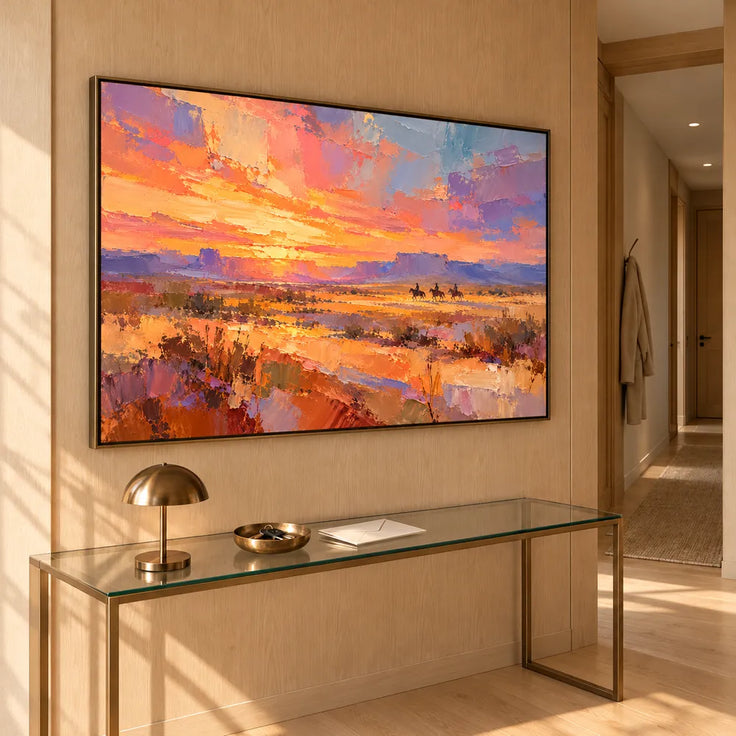 Orange & Lavender Hand-Painted Oil Painting, Three Riders in a Desert Sunset #22PVXDQ6