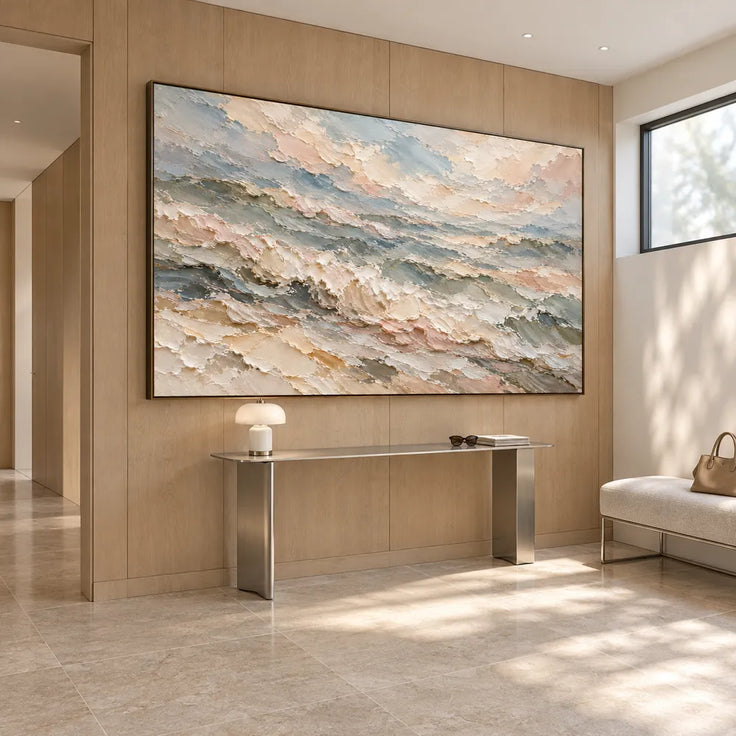 Cream and Blue Gray Hand-Painted Oil Painting, Rolling Coastal Waves #B4FLTKB2