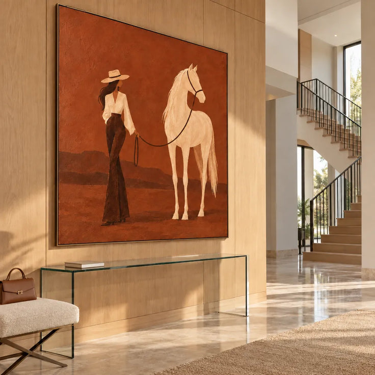 Rust Hand-Painted Oil Painting, Woman and White Horse in a Desert Landscape #O1EDDVZ6