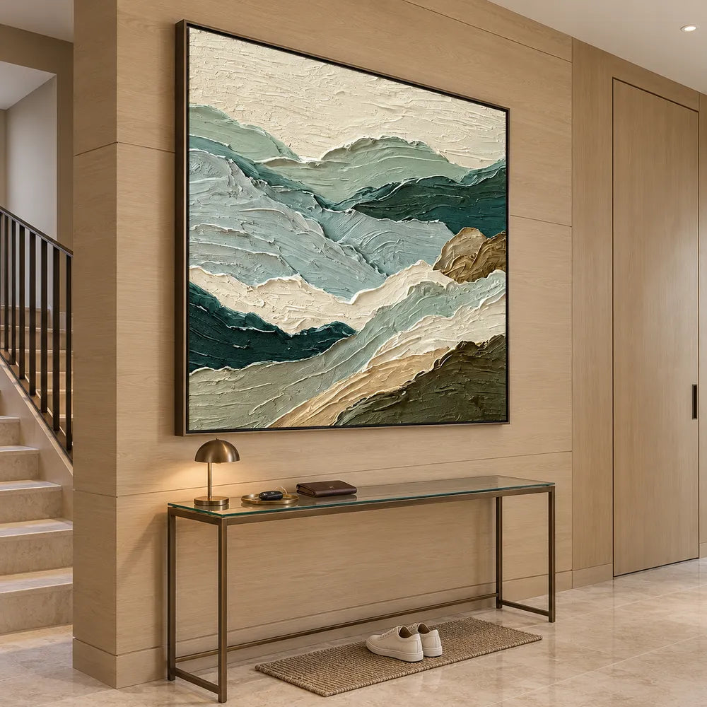 Sage Green Hand-Painted Oil Painting, Layered Mountain Landscape #PWVHIXYY