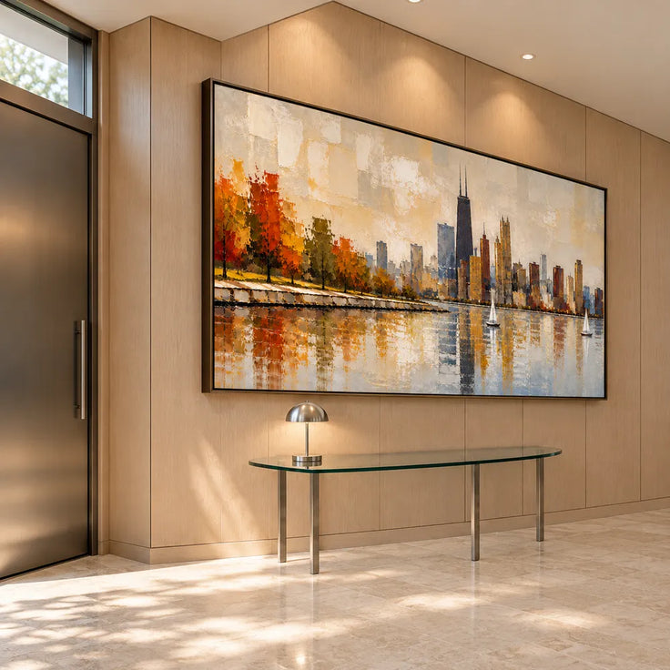 Beige Gold Hand-Painted Oil Painting, Autumn Waterfront Wall Art #CW3XQNK2