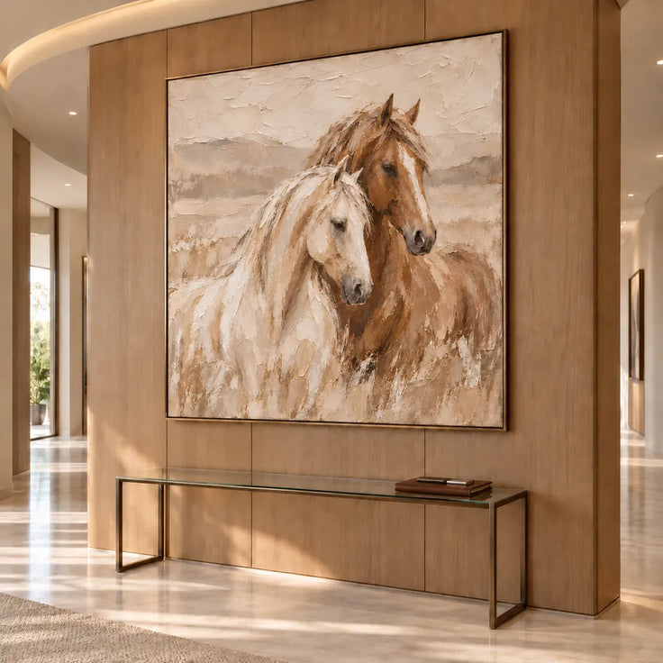 Cream & Brown Hand-Painted Oil Painting, White and Chestnut Horse Portrait #R4TZLUV7