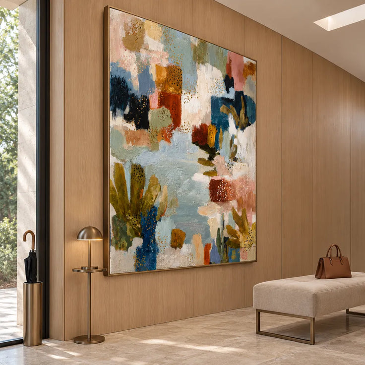 Muted Blue and Warm Neutrals Hand-Painted Oil Painting, Expressive Abstract Color Blocks #Q6Z31DUZ