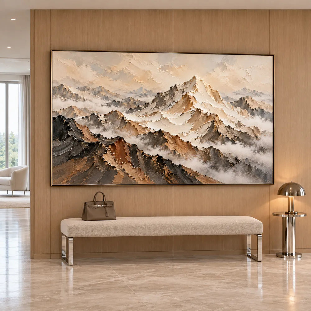 Beige and Charcoal Hand-Painted 3D Textured Oil Painting, Mountain Ridges in Mist #QUDVWPH3