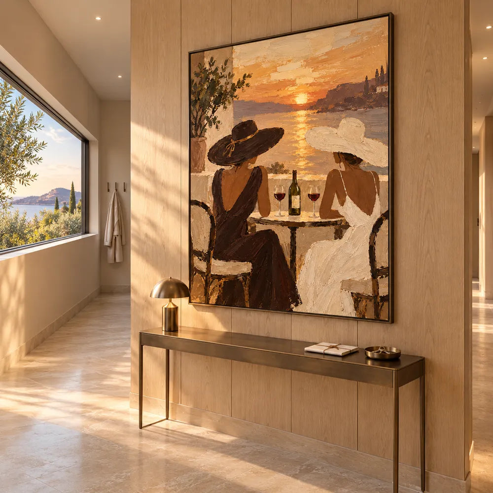 Earth-Tone Hand-Painted Oil Painting, Two Women Sharing Wine by a Sunset Bay #ZMIDYNFF