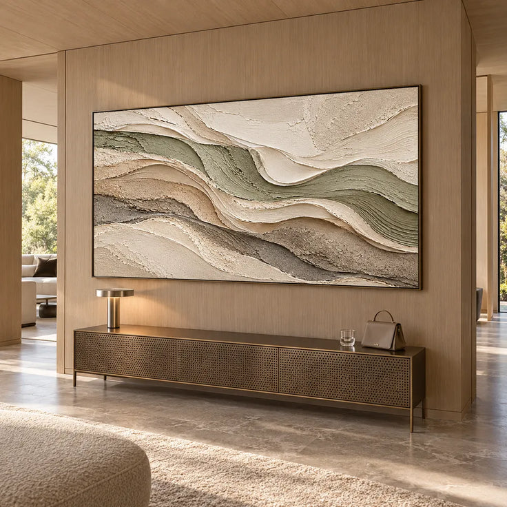 Beige Hand-Painted 3D Textured Oil Painting, Olive and Cream Wave Layers #OF6D6DT0