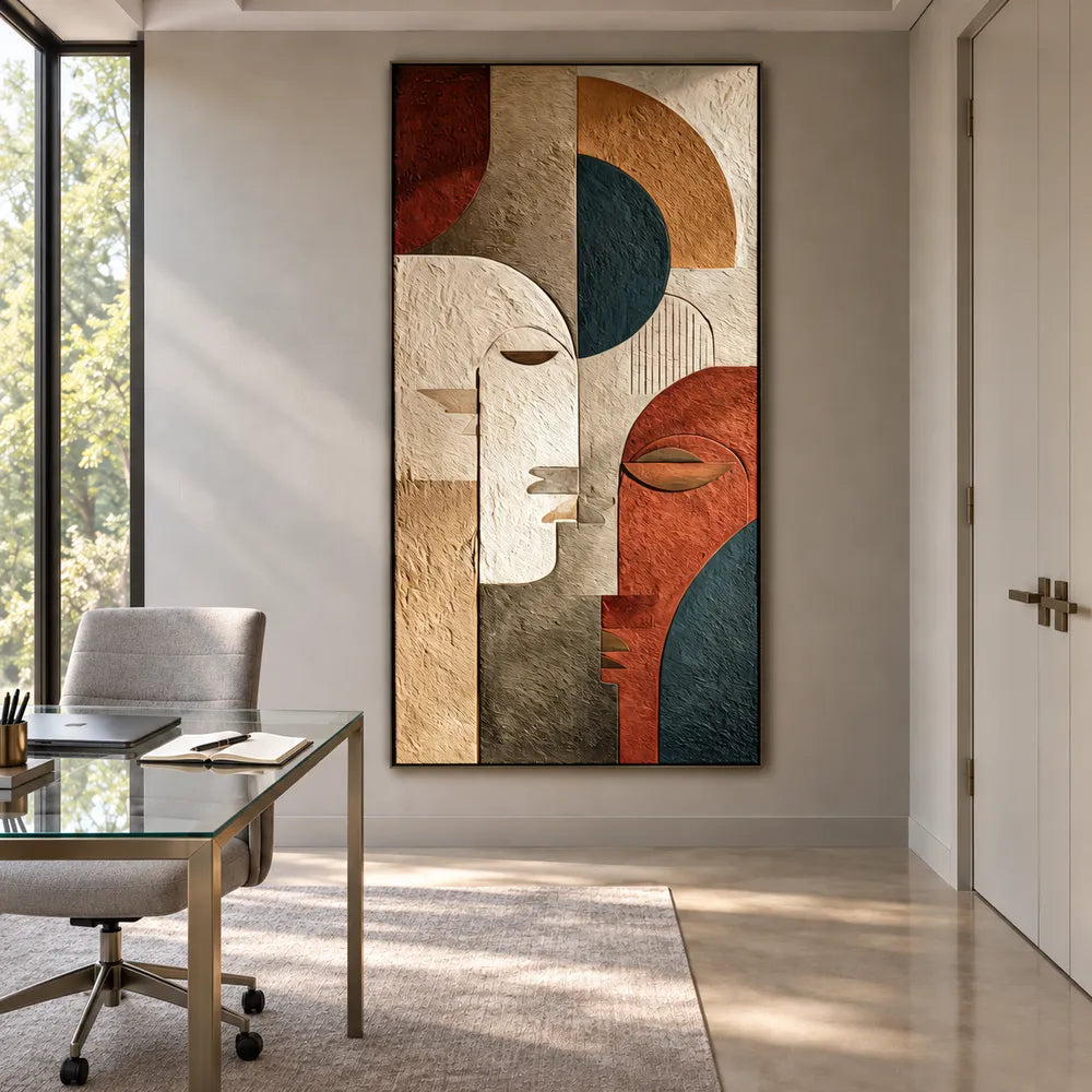 Earth-Tone Hand-Painted 3D Textured Oil Painting, Geometric Faces #PDTZGB6G