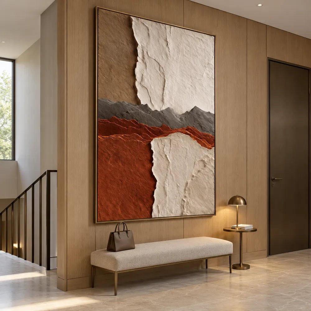 Ivory and Rust Hand-Painted 3D Textured Oil Painting, Layered Ridge Abstract #I8S5QRXD