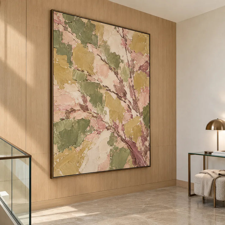 Olive and Blush Hand-Painted Oil Painting, Sweeping Botanical Branches #8PND22D9
