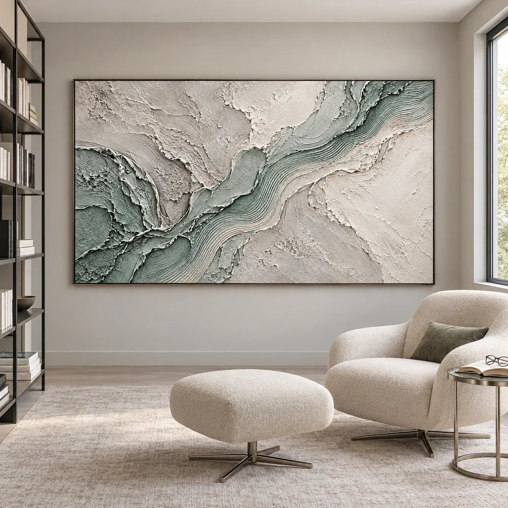 Sage and White Hand-Painted 3D Textured Oil Painting, Flowing Ridges #4SLLXKNH