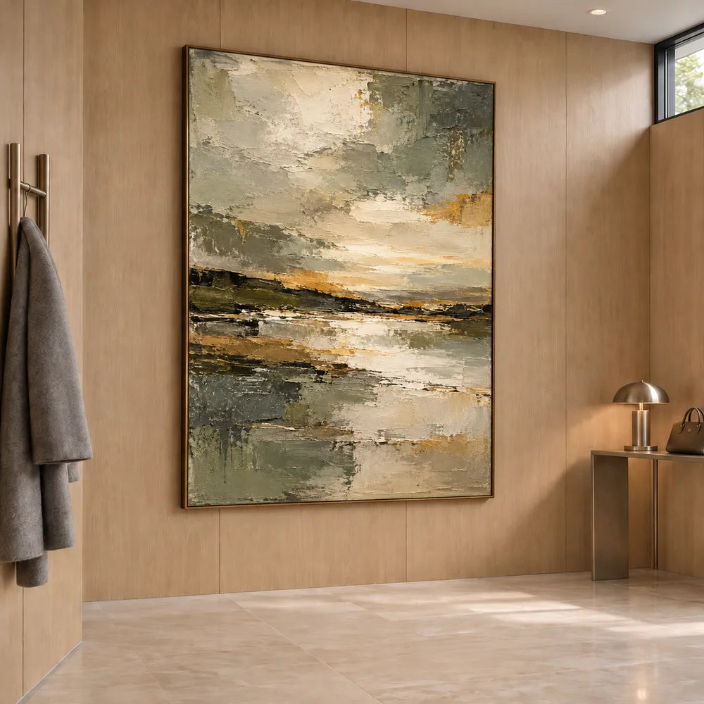Olive Gray Hand-Painted Oil Painting, Abstract Shoreline and Pale Reflection #W805EAVM