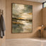 Olive Gray Hand-Painted Oil Painting, Abstract Shoreline and Pale Reflection #W805EAVM