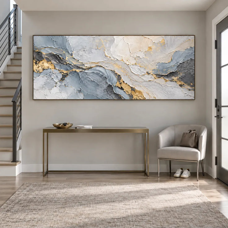 Gray Hand-Painted 3D Textured Oil Painting, Pale Layers with Gold Tones #LRQBCA6S
