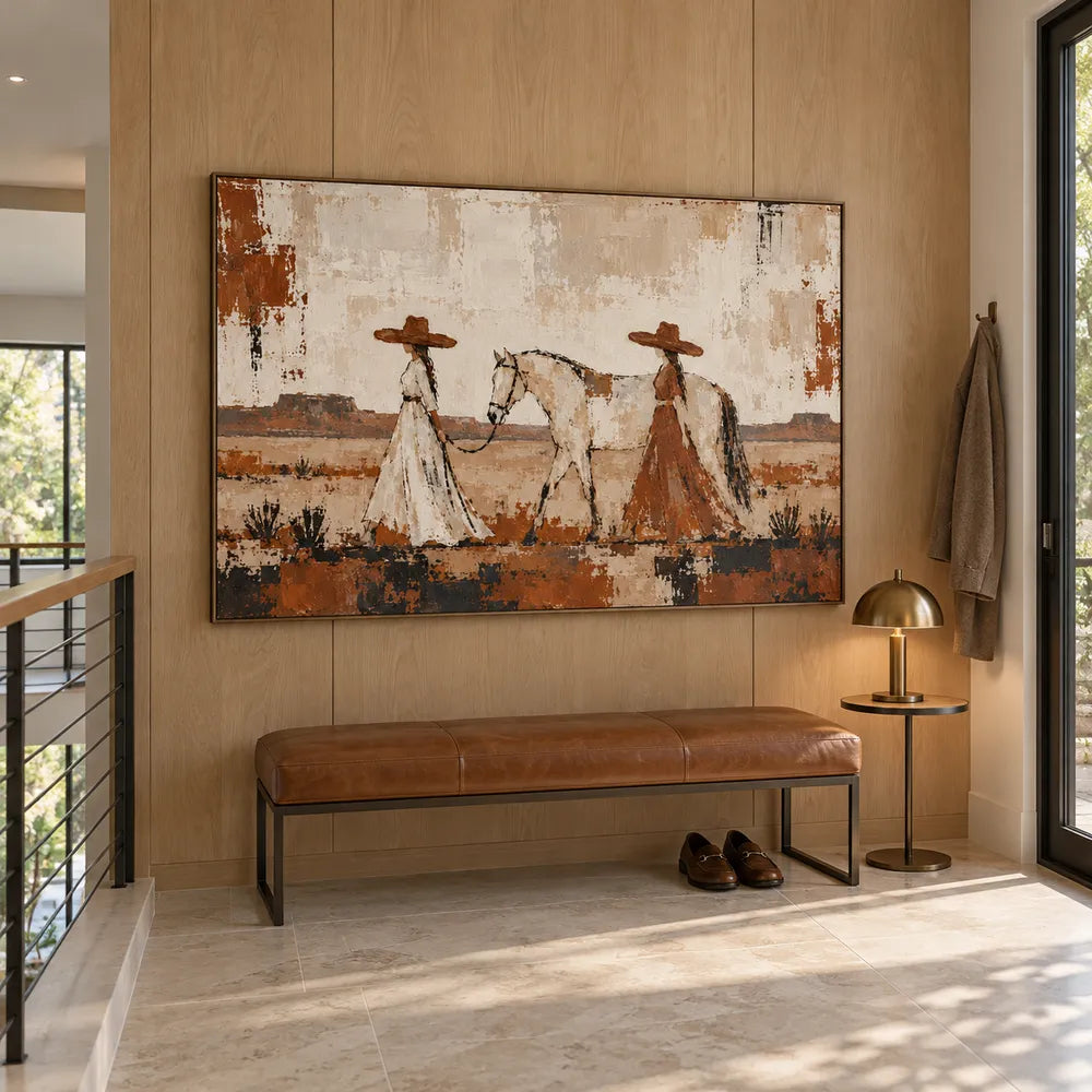 Cream & Rust Hand-Painted Oil Painting, Two Women Walking with a Horse #AROTNDU1