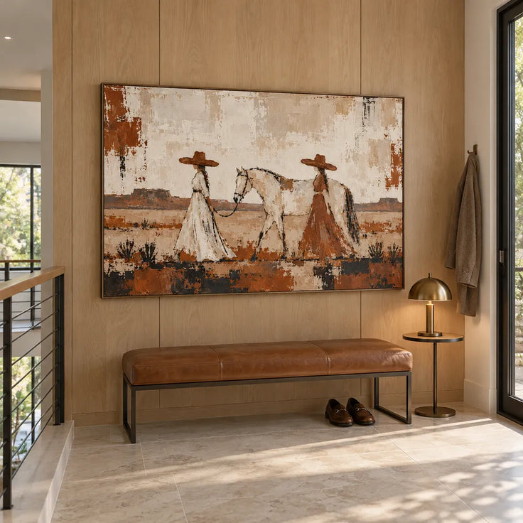 Cream & Rust Hand-Painted Oil Painting, Two Women Walking with a Horse #AROTNDU1